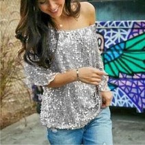 벨라 스팽글티셔츠 반짝이옷 반팔티 티셔츠 오픈숄더 루즈티 샤이닝
