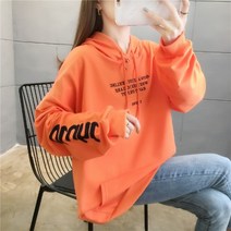 루즈핏 후드티 후드맨투맨 여성 봄가을 키치한 와이드 이니셜 인쇄 꽃 하프기장 탑코트 트렌드 2571950913, 주황색 L