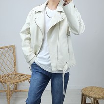 남자 오버핏 견장 베이직 페이크 레더 라이더 자켓 (2색상)