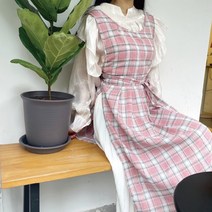 국내 린넨 롱원피스 앞치마 체크무늬 어린이집 방수, 러블리체크앞치마 핑크
