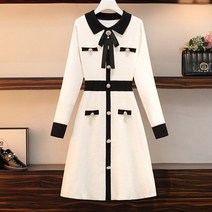 우아한 구슬 버튼 니트 드레스 블랙 화이트 히트 컬러 진주 bowknot 옷깃 칼라 스웨터 드레스