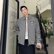 레드 하운드체크 남자 루즈핏 지퍼 자켓 검은색 봄가을 남성 루즈 체크 재킷