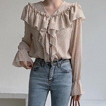 플라워 패턴 쉬폰블라우스 브이넥 라인 프릴 예쁜옷