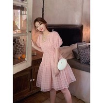 슬림 허리 원피스 mimius2020 여름신상 여성스런 허리수렴 날씬해보이는v넥a라인 프렌치치마체크원피스