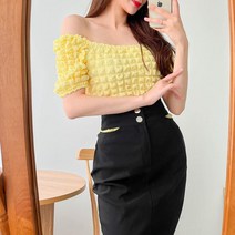 다잇템 [다잇템] 여자 고무줄 SS 팝콘 볼드숄더 엠보 여행룩 티셔츠