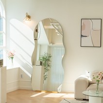 거울미인 예쁜 노프레임 대형 와이드 비정형 물결 웨이브 전신거울, 원목, 1000x1800