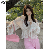 vsyoy 여성용 오프 숄더 버블 슬리브 쉬폰 셔츠 여름 달콤한 꽃 꽉 허리 슬리밍 세련된 긴팔 셔츠
