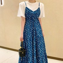 우아글로벌 데이지 플라워패턴 뷔스티에 원피스 어깨끈길이조절 허리끈묶음 레이스 롱원피스