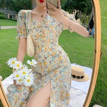 케이앤이 벌룬 소매 플라워 원피스 여름 허리 여리여리 슬림핏 옆트임 원피스