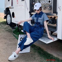puildaug 데님 frock 점프 수트 여성 여름 느슨한 범프 스티칭 긴 넓은 다리 점프 수트