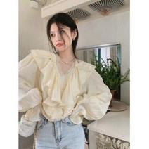 브이넥 빅 프릴 카라 레이스 자수 러플 블라우스 오버핏 하늘하늘 벌룬 보세 수입 SY