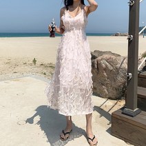 당일배송 루루 플라워 프린지 엑스 스트랩 포인트 등파임 쉬폰 나시 롱 원피스 핑크베이지