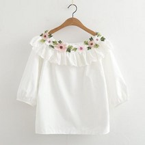 장미 꽃 자수 소매 셔츠 칼라 흰색 블라우스