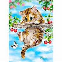 히여 보석십자수 DIY 패키지 체리나무와 고양이 BH-100 30 cm x 40 cm, 1개