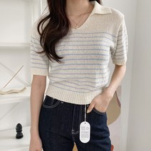 네쥬 여성 봄 여름 브이넥 크롭 스트라이프 반팔 니트