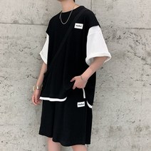 가반팔티 와플 캐주얼 룩 남자 t셔츠 반바지 여름 운동 트렌드 페이크투피스 건달카리스마 남성의류 2189101818