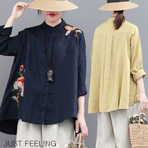 JUST FEEL!NG 봄가을 여성 오버핏 린넨셔츠 빅사이즈 하이넥 앞단추 플라워 자수 긴팔 블라우스 데일리