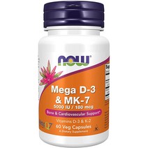 NOW Supplements Mega D-3 & MK-7 5 000 IU/180 mcg 60캡슐