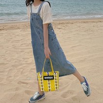 단추 포켓 포인트 길이조절 데님스타일 멜빵원피스