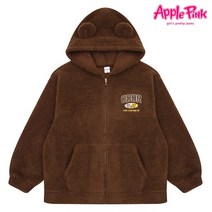 애플핑크 곰돌이 후드 레터링 자수 부클 점퍼
