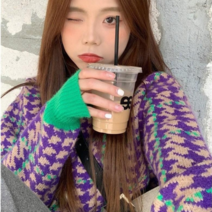 베러댓걸 3074-2 봄가을 고급 간절기 컬러 포인트배색 하운드투스 니트가디건