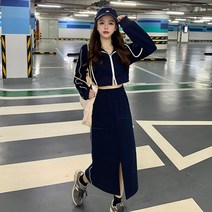 오버클래쓰 여성 트레이닝 상하의 세트 크롭 후드집업 롱스커트