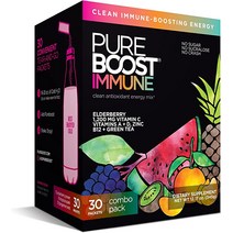 Pureboost Immune Clean Energy Drink Mix 엘더베리 면역 보조제 비타민 C 1200mg A D 아연 28가지 미네랄 및 슈퍼영양소콤보 30개, [04] 트로피컬 스파크