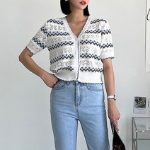 오오엘 여성용 플로렌스 펀칭 스카시 스칼럽 자카드 배색 반팔 가디건
