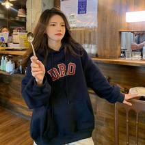 QIANSU 가을/겨울 알파벳 프린트 루즈 캐주얼 기모 후드 맨투맨