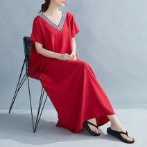 빅사이즈여름원피스 롱 와이드 루즈핏 단아한 A라인 뚱뚱한 슬림핏 스윙 브이넥 웨빙 패치워크 면 코튼 실크 2537037473