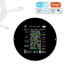 측정기 공기 공기질 알리미 T-uya Wifi 대기질 7 인 1 PM2.5 CO2 TVOC HCHO AQI 온도 습도 테스터 컬러 디스플레이 이산화탄소 검출기 397373, Black, Black