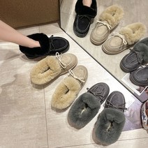 여성 겨울 패션신발 따뜻한 리본 퍼 단화 슬립온