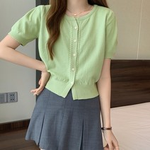 라운드 크롭 퍼프 니트 여성 가디건 반팔 여름 데일리