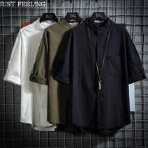 JUST FEEL!NG 여름 주름 면마 남성 반팔 셔츠 캐주얼 주머니 셔츠 학생 직장인 오피스룩 빅사이즈 데이트