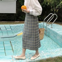 아이엠몽 여성 뒷밴딩 캐주얼 빈티지 체크 패턴 미디 롱 스커트 페디아