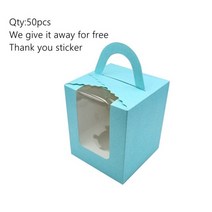 용돈박스흰색 단일 컵 크래프트 종이 독립 종이컵 용기 창 삽입 손잡이가 있는 케이크 상자 휴대용 빵, 9.5x9.5x11cm, 시안 50