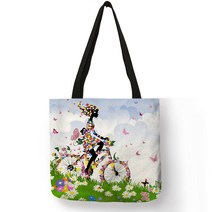 소원 소녀 인쇄 리넨 재사용 쇼핑 가방 여성 대형 토트 백 패션 핸드백 사용자 정의 인쇄