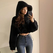크롭 후리스 따뜻한 짜 양고기 모피 오버사이즈 블랙 화이트 여성 양털 스웨터 자르기 탑