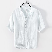 남자 모시옷 여름 린넨 반팔 캐주얼 티셔츠 남성 스탠드 칼라 풀오버 셔츠 전국 트렌드 대형 복고풍 얇은 섹션 통기성 큰 V 넥