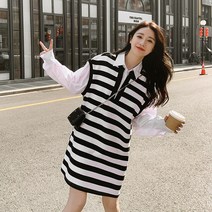 무드무드 러버닉 셔츠 단가라 니트 원피스