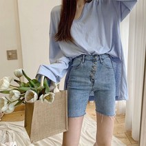Momolatti 여자 높은 허리 5부 스키니 청반바지