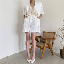 [레티고] 여성 캐주얼 린넨 자켓 반바지 투피스 세트