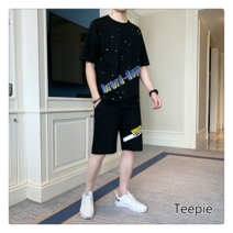티피남자 여름 멋스럽고 루즈한 무결점 캐주얼 레터링 얇은 반팔 반바지 세트