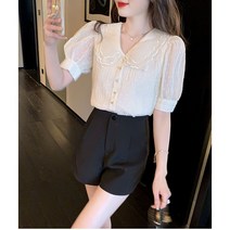 상의 살구 루즈핏 반팔 셔츠 여름 여성 인형 칼라 레이스 날씬해 보이는 블라우스