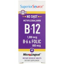 Superior Source 메틸코발라민 B-12 1 000mcg B-6 엽산 800mcg MicroLingual 빠른 용해 정제 60정