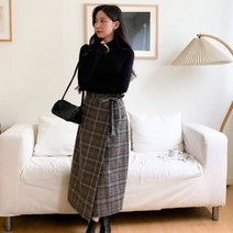 [바보사랑] 여성 레네드 체크 벨트 버튼 랩 롱 스커트