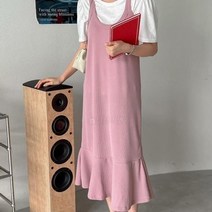옷자락 [옷자락] 여자 플레어 밑단 봄 분홍 나시 롱원피스