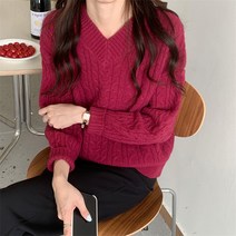 꽈배기 가을 루즈핏 여성 기본 브이넥 니트 하늘비즈 C856U854