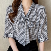 스타일아유 여성 빅사이즈 체크 리본넥 럭셔리 쉬폰 반팔 셔츠 블라우스