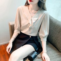 브이넥 블라우스 여 반팔 여름 패션 셔츠 여 여름 서양풍 티셔츠 패션 상의